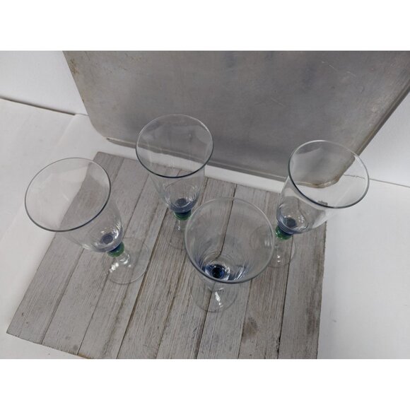 French Style Set of 4 Wine Drinking Glasses 8 5/8" Tall Clear Blue Green Stem - Picture 2 of 9